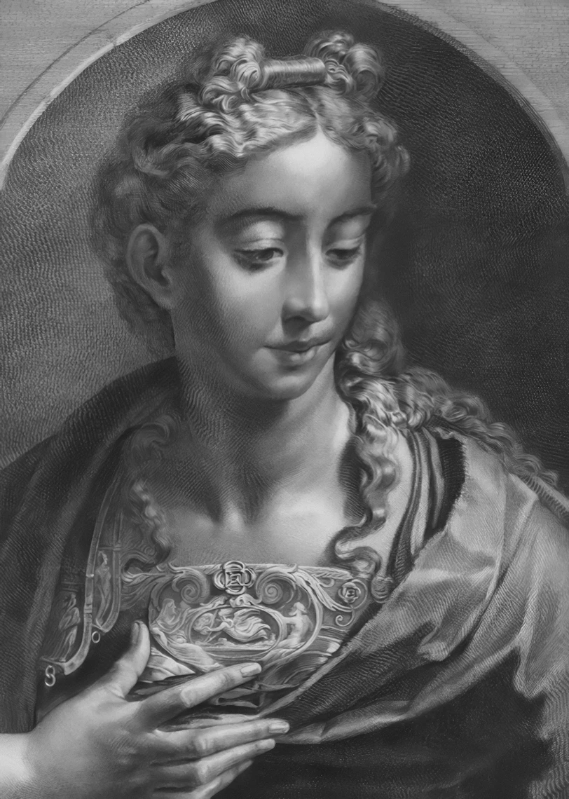 A black and white portrait of a woman