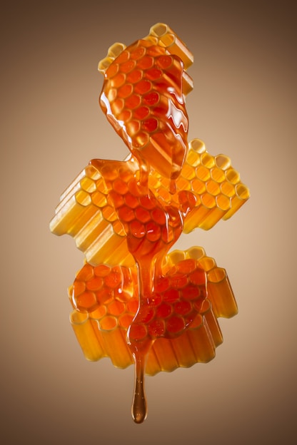 a honey dripping from a spoon onto a honeycomb