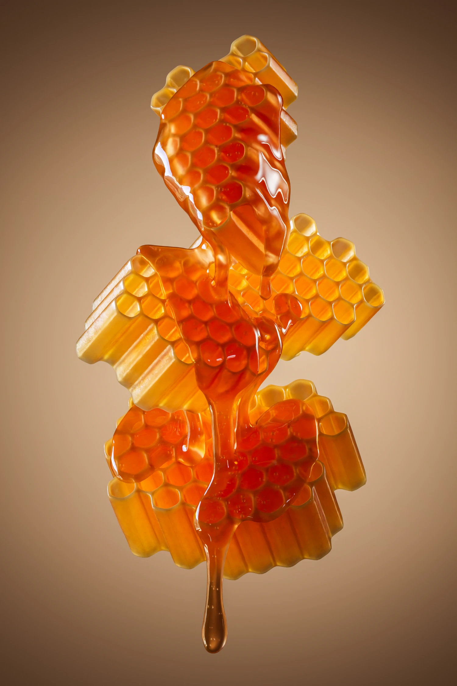 Three pieces of comb dripping honey against a warm brown ground