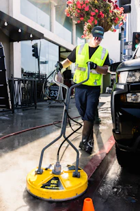 a man in a yellow vest is cleaning a street