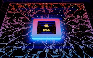an apple m4 processor in a dark room