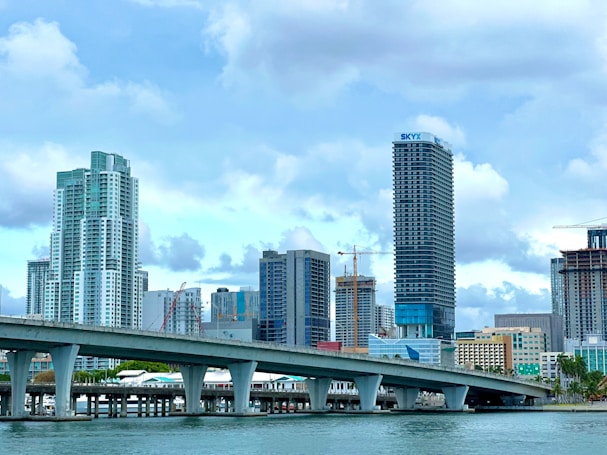 a bridge over a body of water with a city in the background