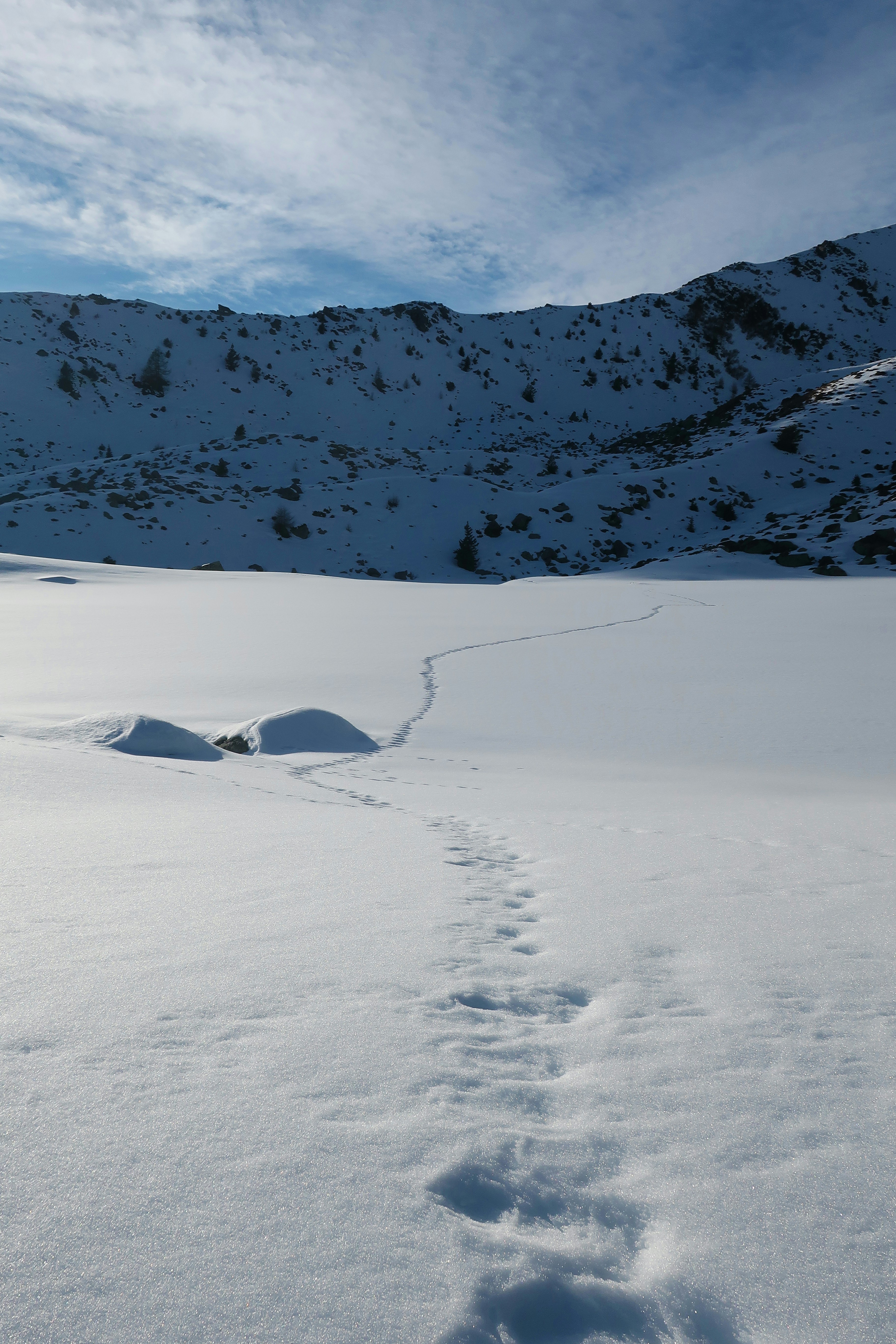 a person is walking in the snow near a mountain