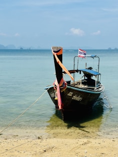 a boat tied up on the shore of a beach