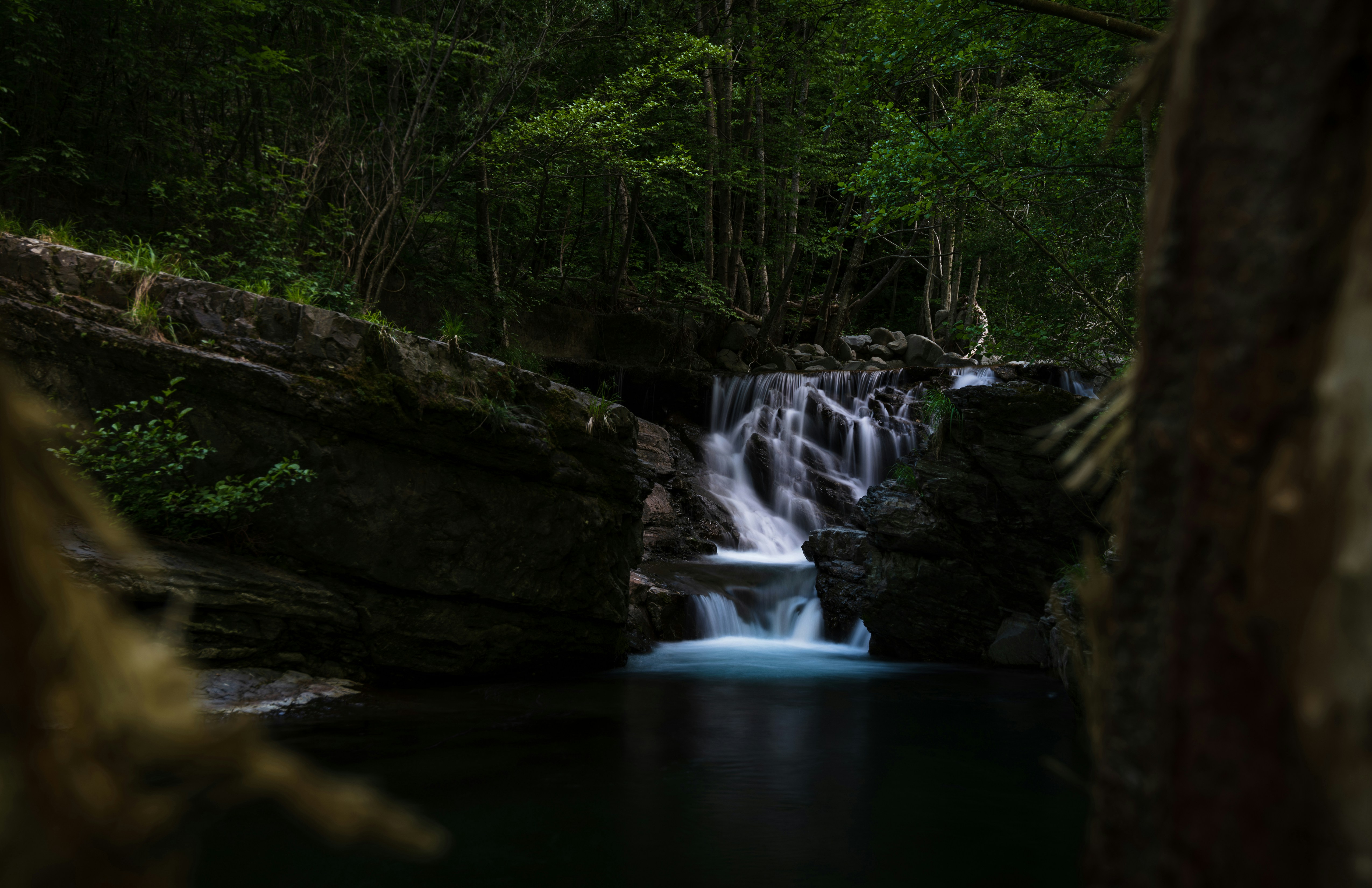 a small waterfall in the middle of a forest