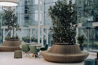 a room with a table, chairs, and potted trees