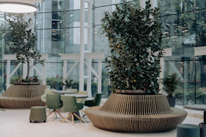 a room with a table, chairs, and potted trees