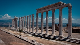 a row of columns in the middle of a field