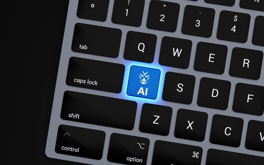 a close up of a keyboard with a blue button, AI, Artificial Intelligence, keyboard, machine learning, natural language processing, chatbots, virtual assistants, automation, robotics, computer vision, deep learning, neural networks, language models, human-computer interaction, cognitive computing, data analytics, innovation, technology advancements, futuristic systems, intelligent systems, smart devices, IoT, cybernetics, algorithms, data science, predictive modeling, pattern recognition, computer science, software engineering, information technology, digital intelligence, autonomous systems, IA, Inteligencia Artificial,