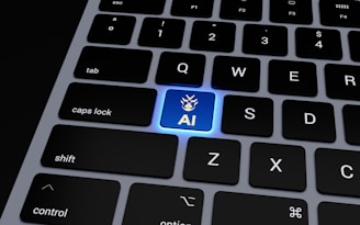 a computer keyboard with a blue light on it