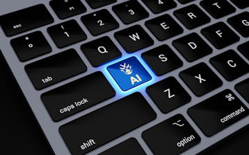 a computer keyboard with a blue light on it