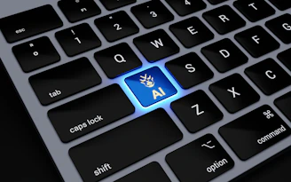 a computer keyboard with a blue light on it