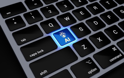 a computer keyboard with a blue light on it