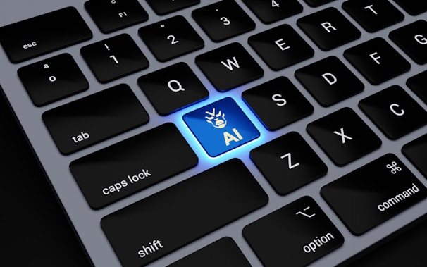 a computer keyboard with a blue light on it