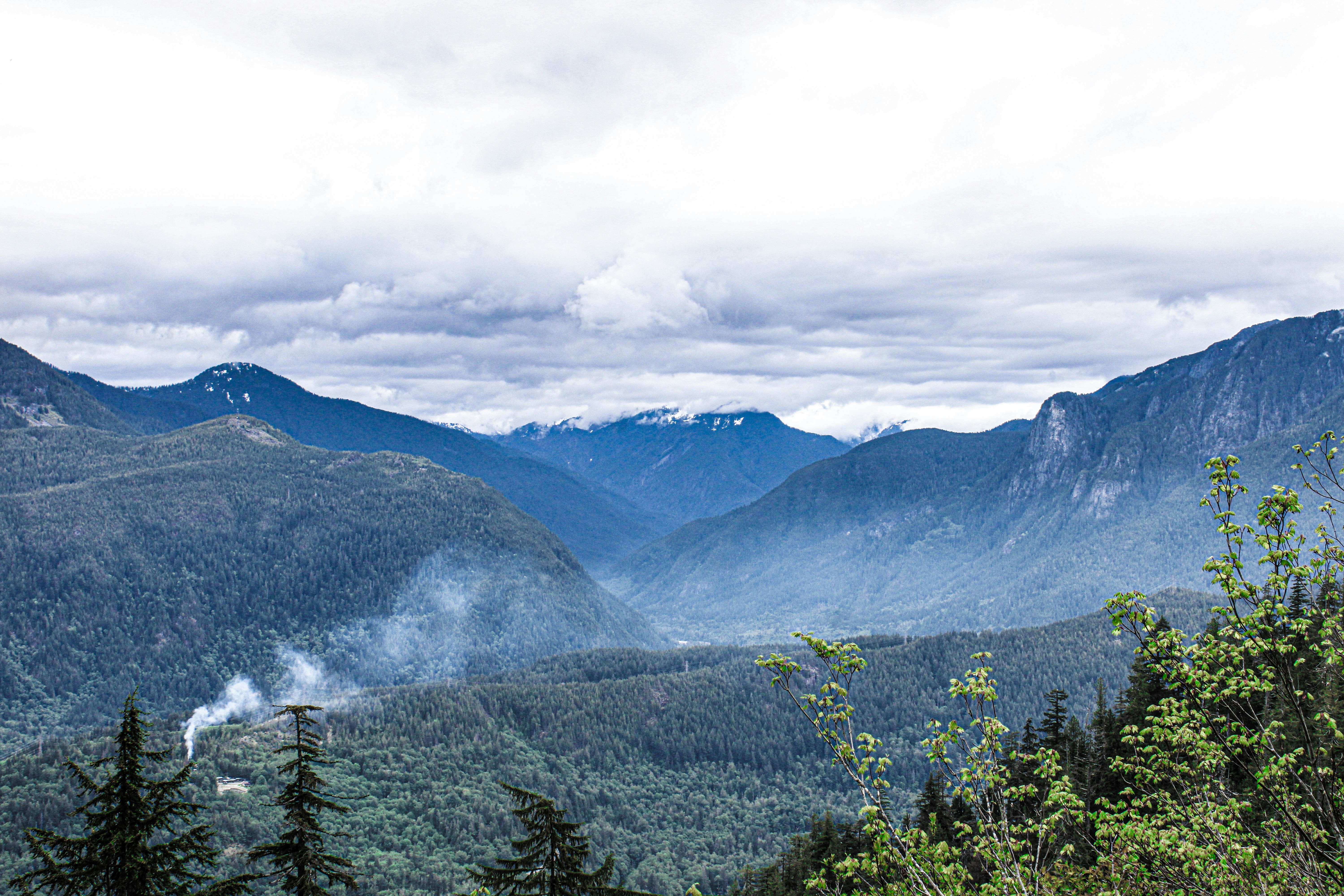 a view of a valley with mountains in the background