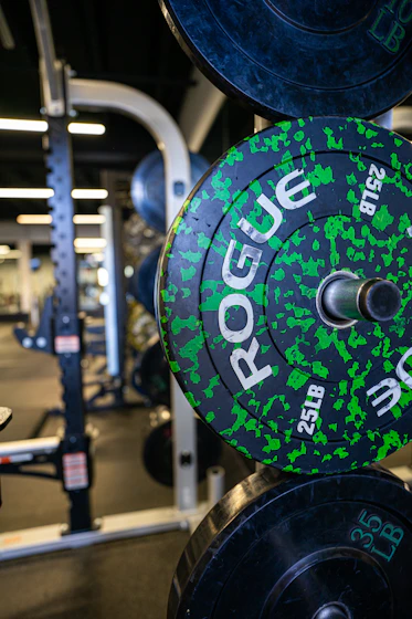 Weight plates racked in a gym