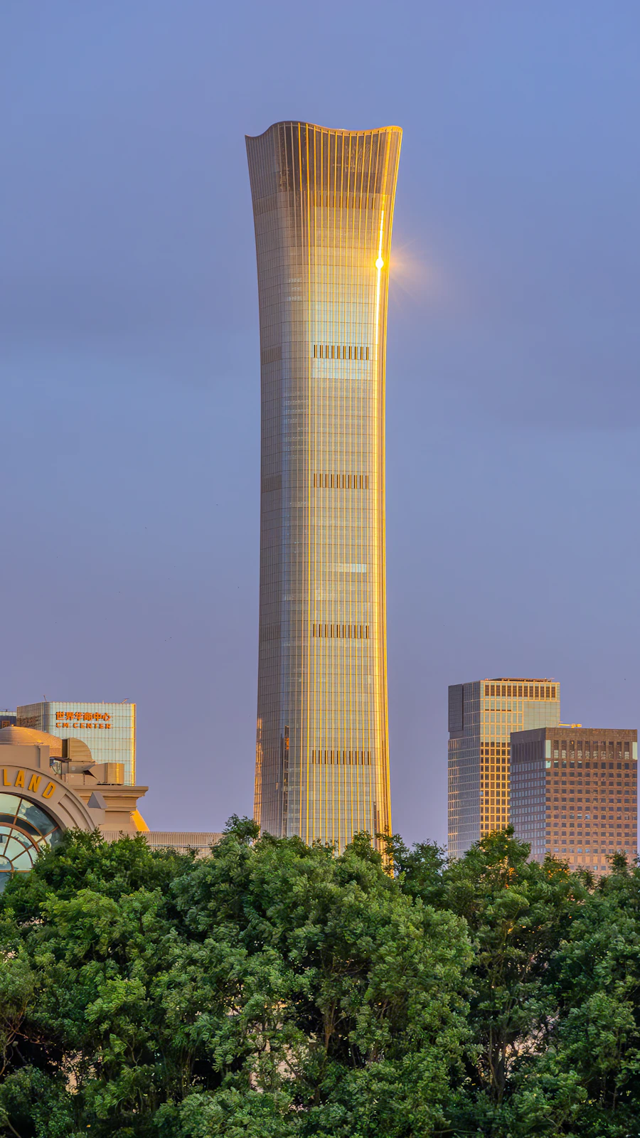 Modern skyscraper against an evening sky