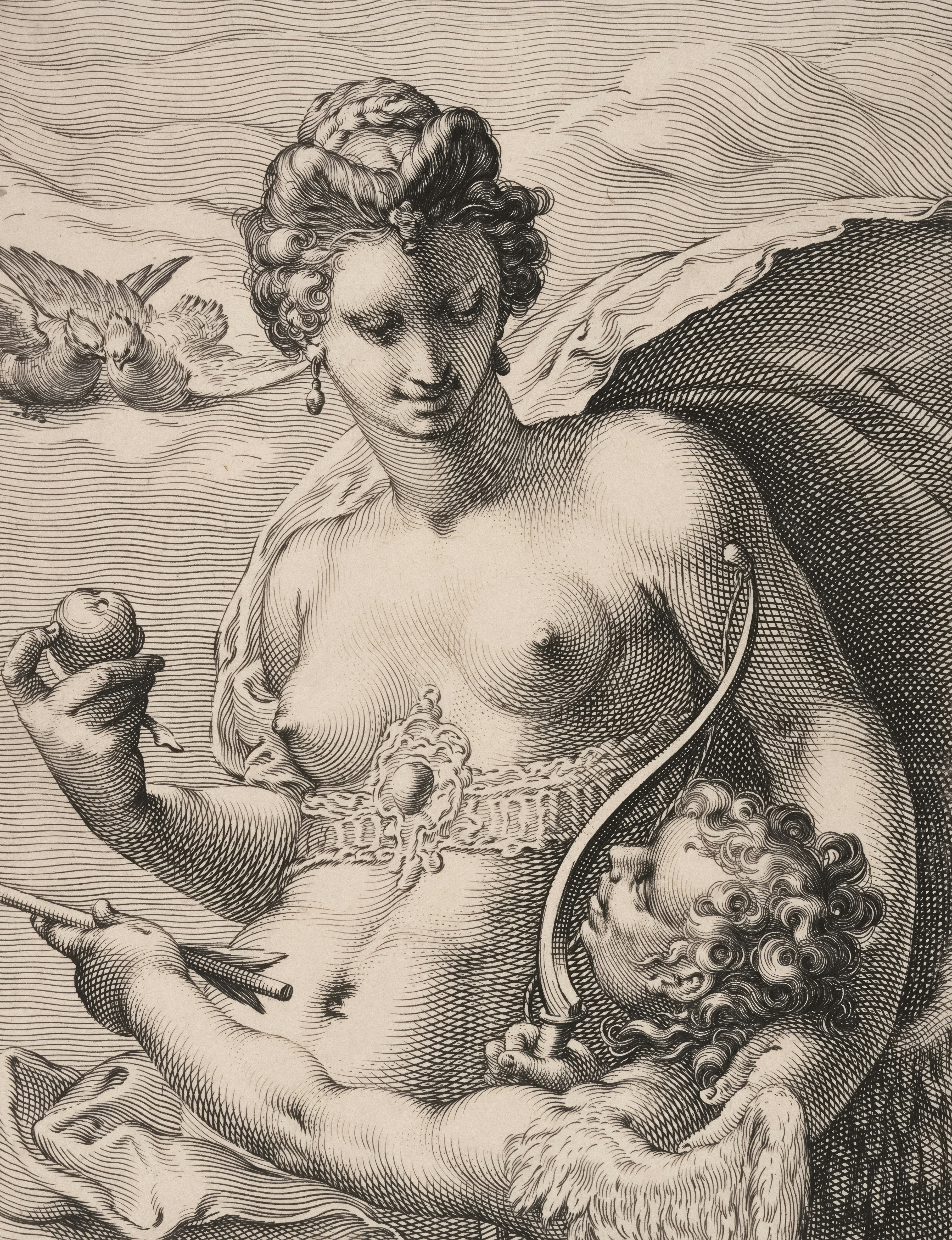 A woman holding cupid with a bow and apple