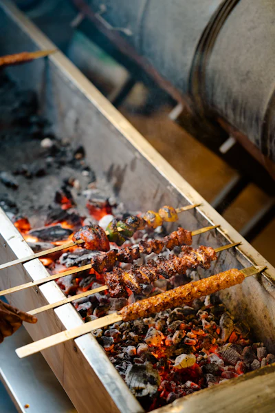 Skewers of meat cooking over an open grill, typical of Iranian and Middle Eastern kebab houses