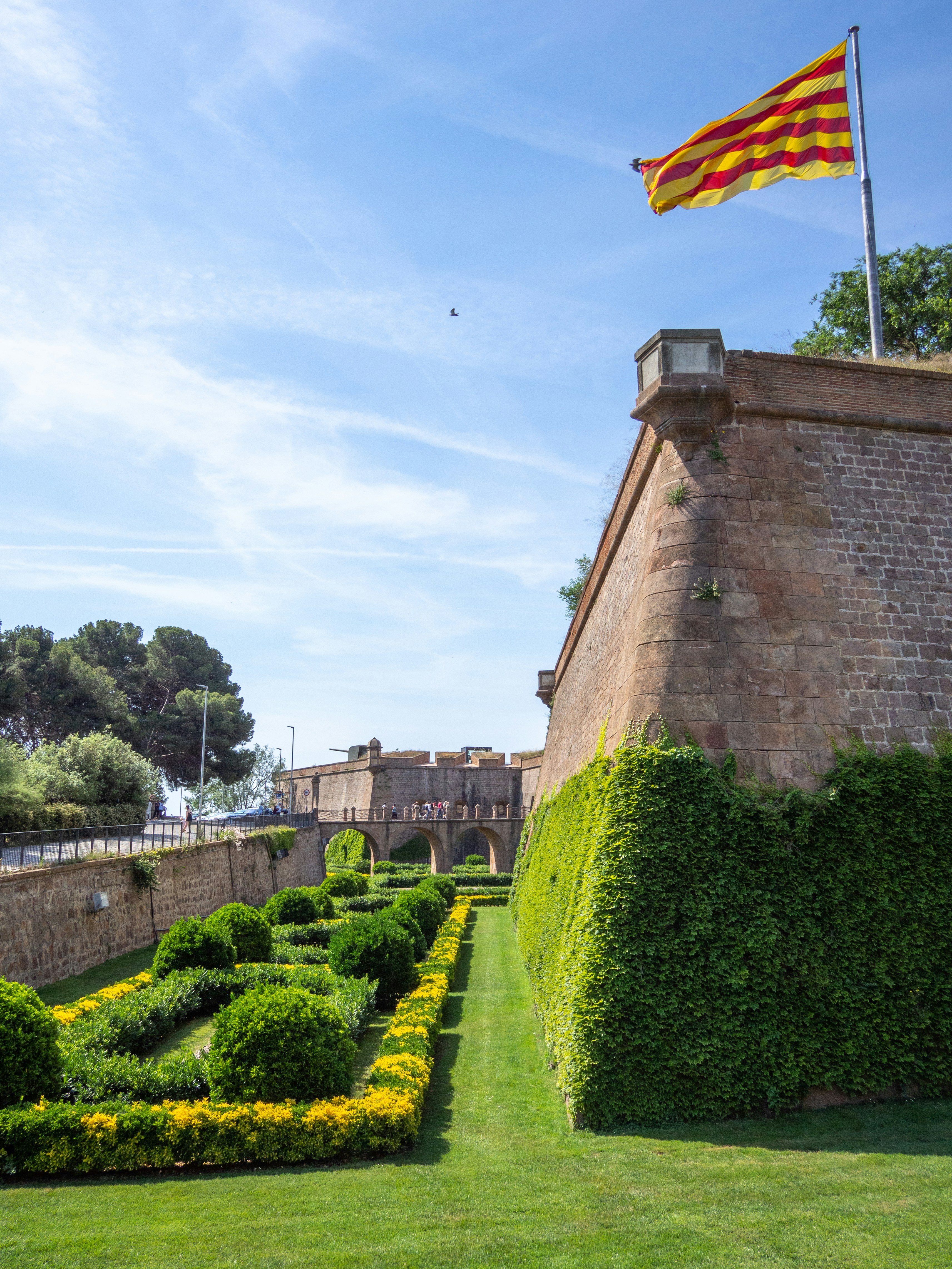 uma bandeira voando no céu sobre um jardim