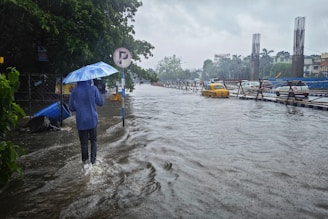 a person walking in a flooded street with an umbrella