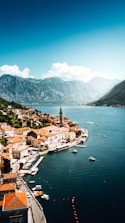 an aerial view of a town on the water