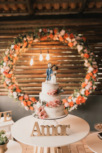a wedding cake sitting on top of a table