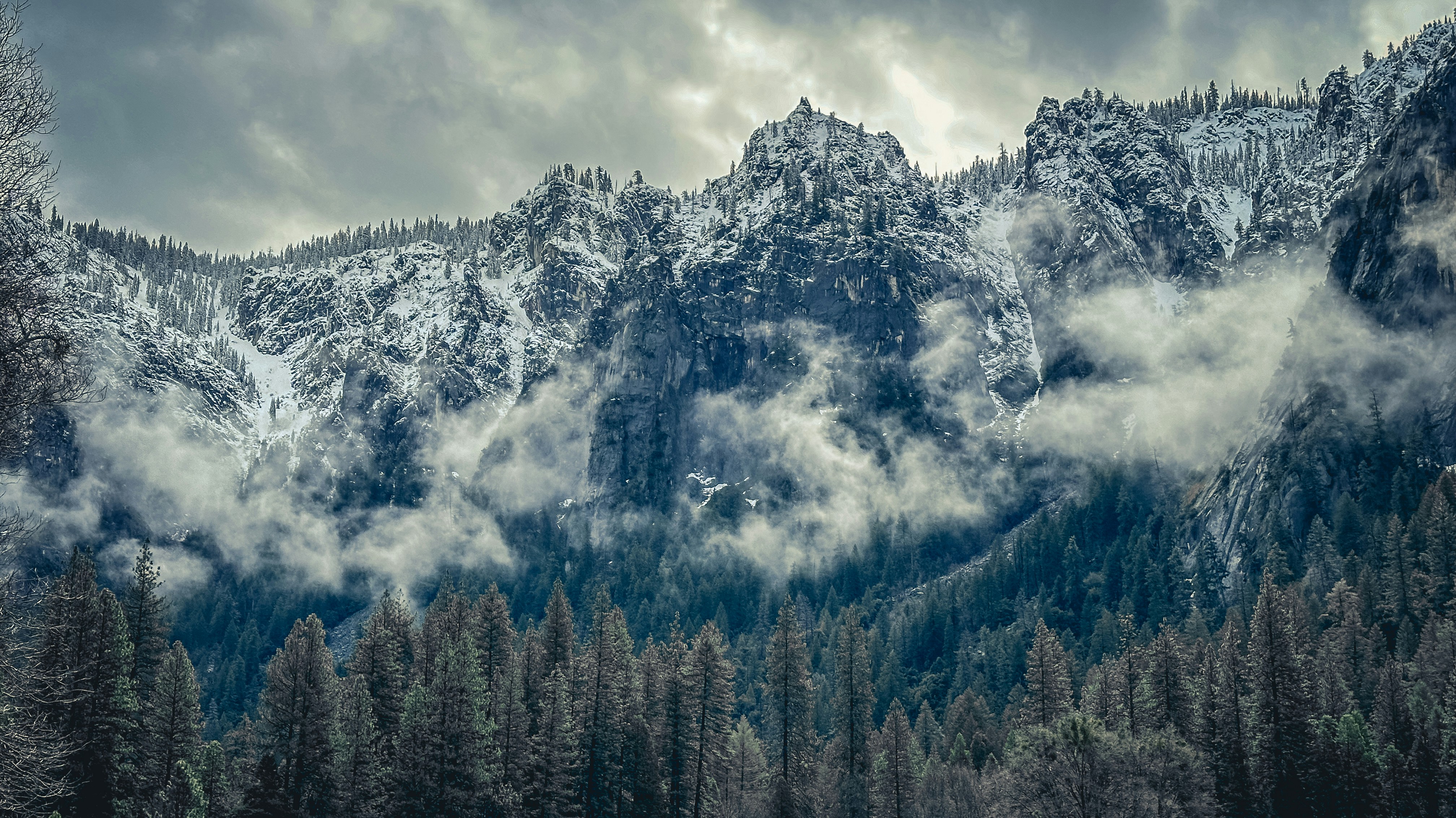 a mountain covered in clouds and trees under a cloudy sky