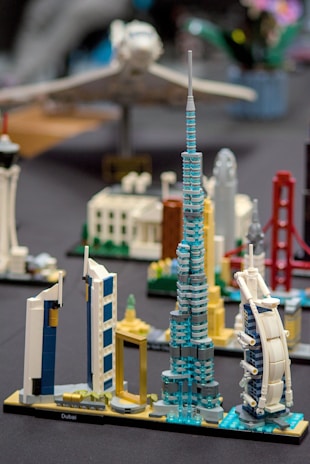 a lego model of a city with a tall tower