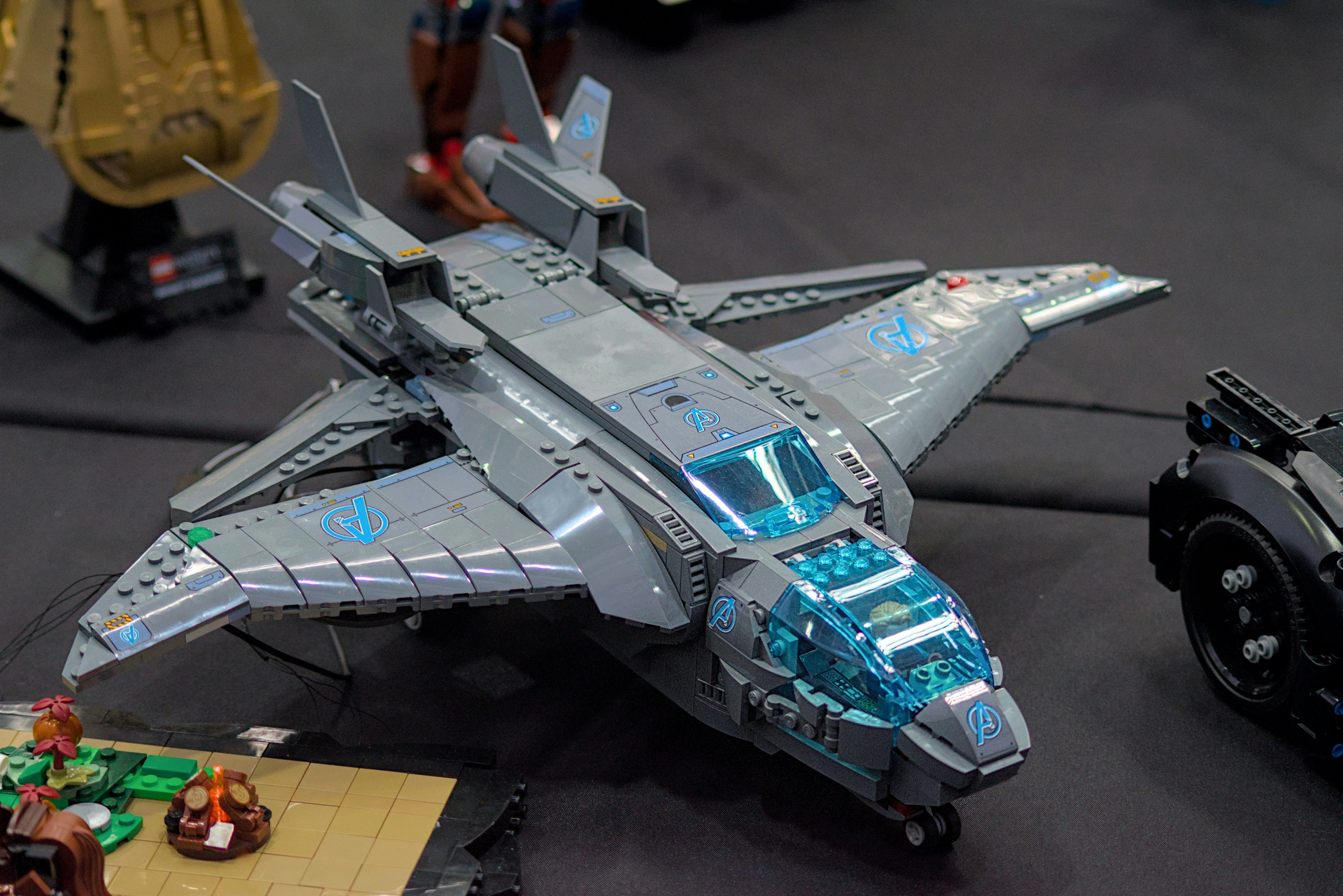 a lego model of a fighter jet on a table