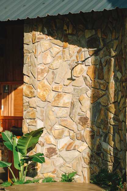 a stone building with a green plant in front of it