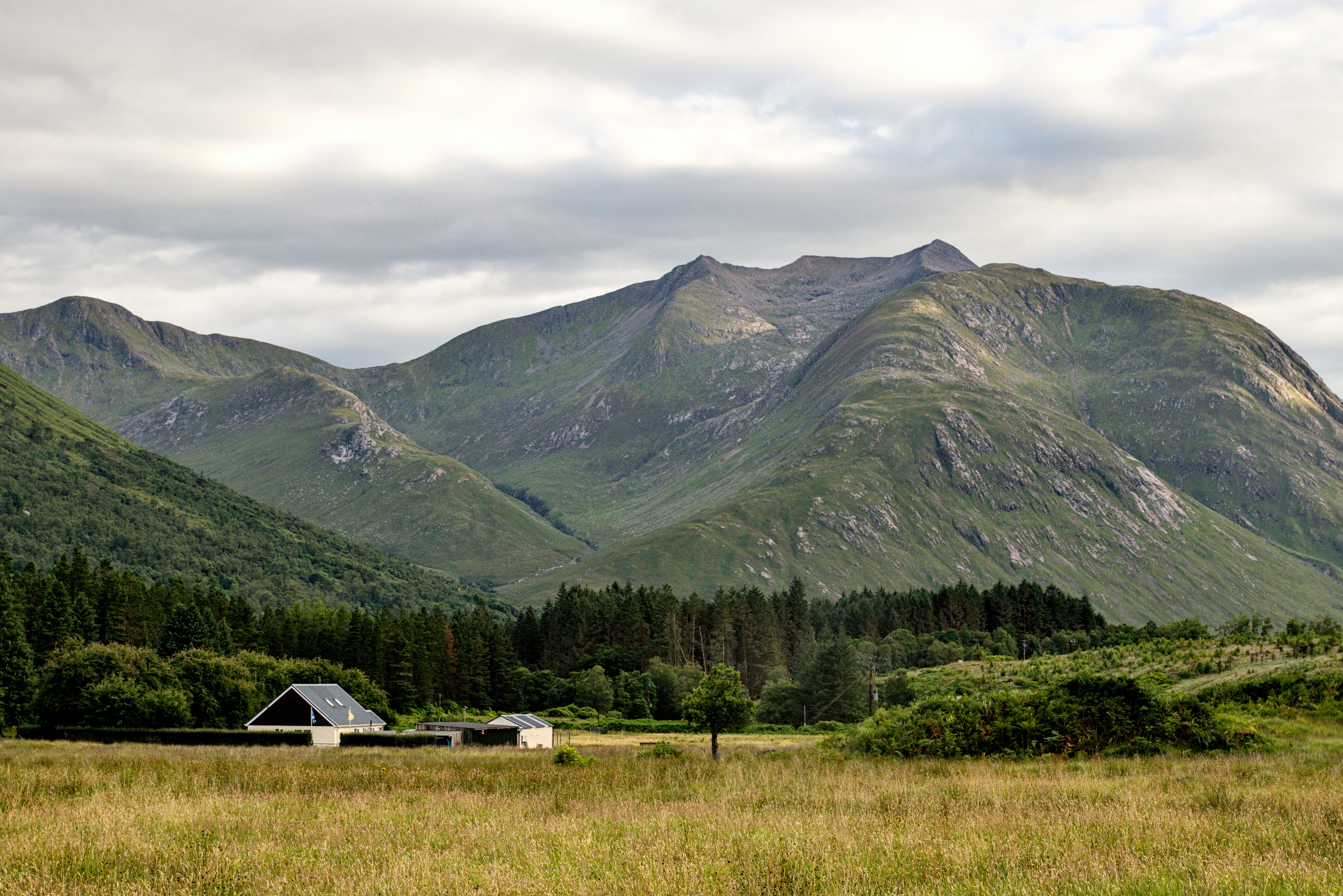 a house in a field with mountains in the background
