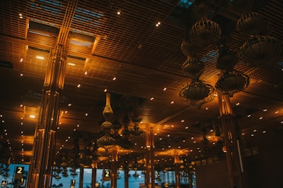 a large room with a bunch of lights hanging from the ceiling