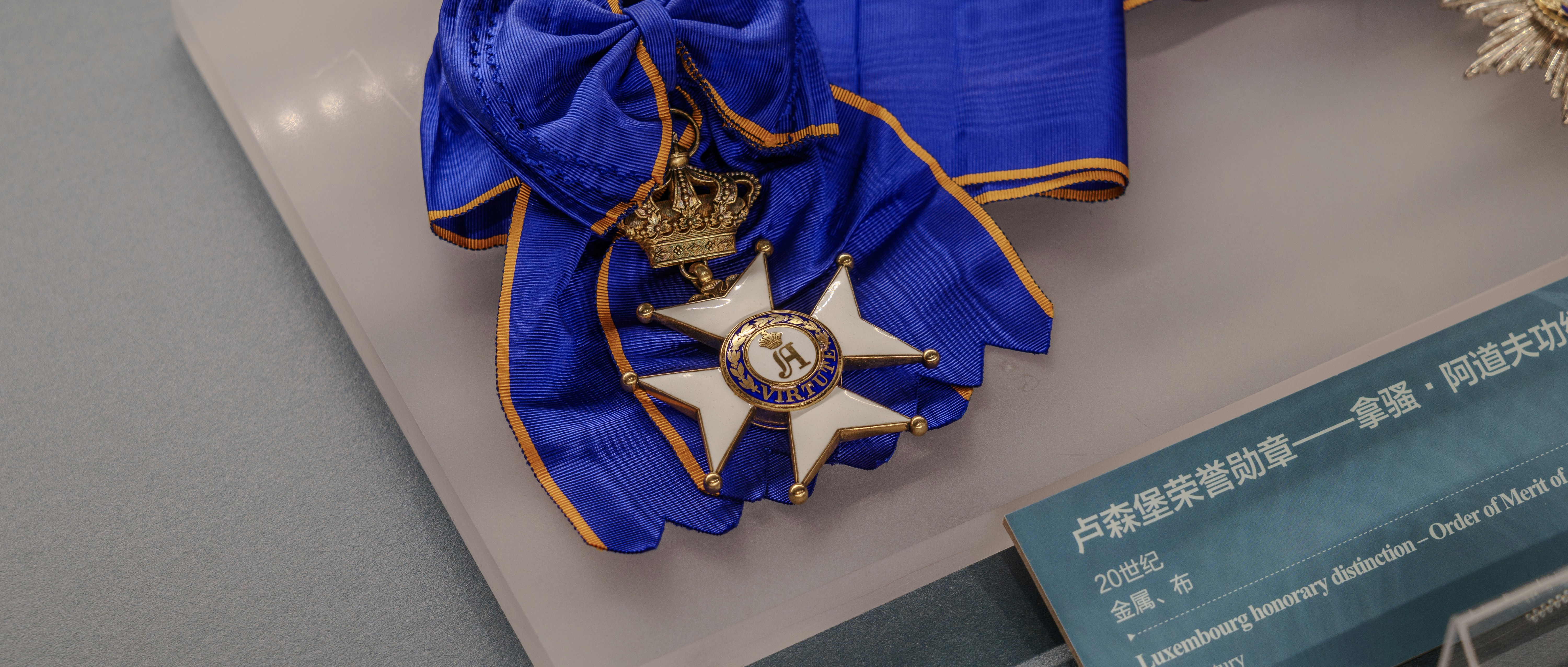 a blue ribbon with a gold star on it