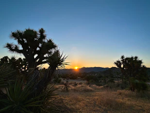 the sun is setting over a desert landscape
