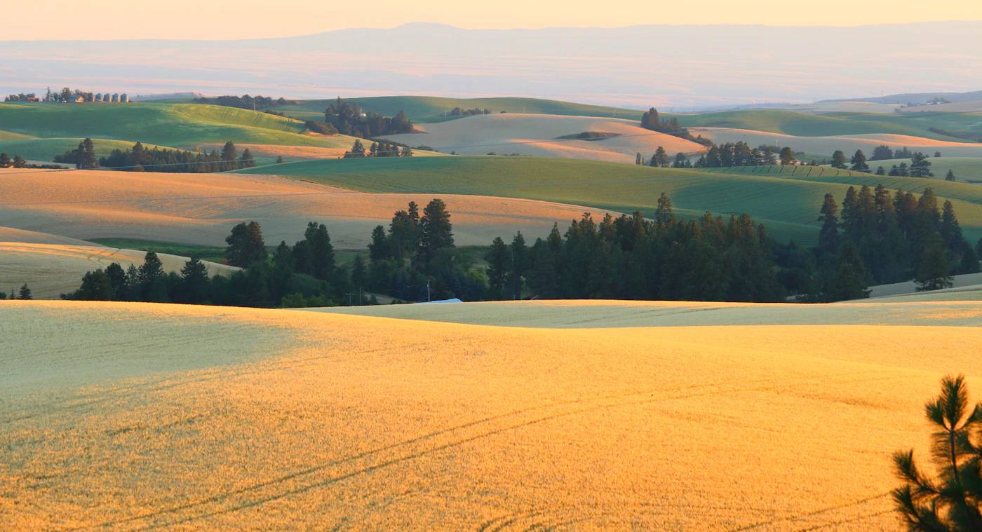 Open fields and low hills under a wide sky in eastern Idaho