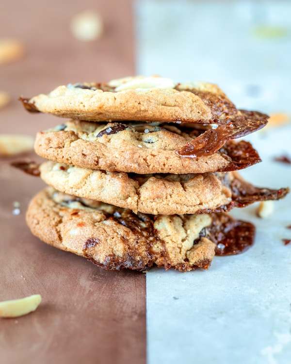 A stack of cookies sitting on top of a table