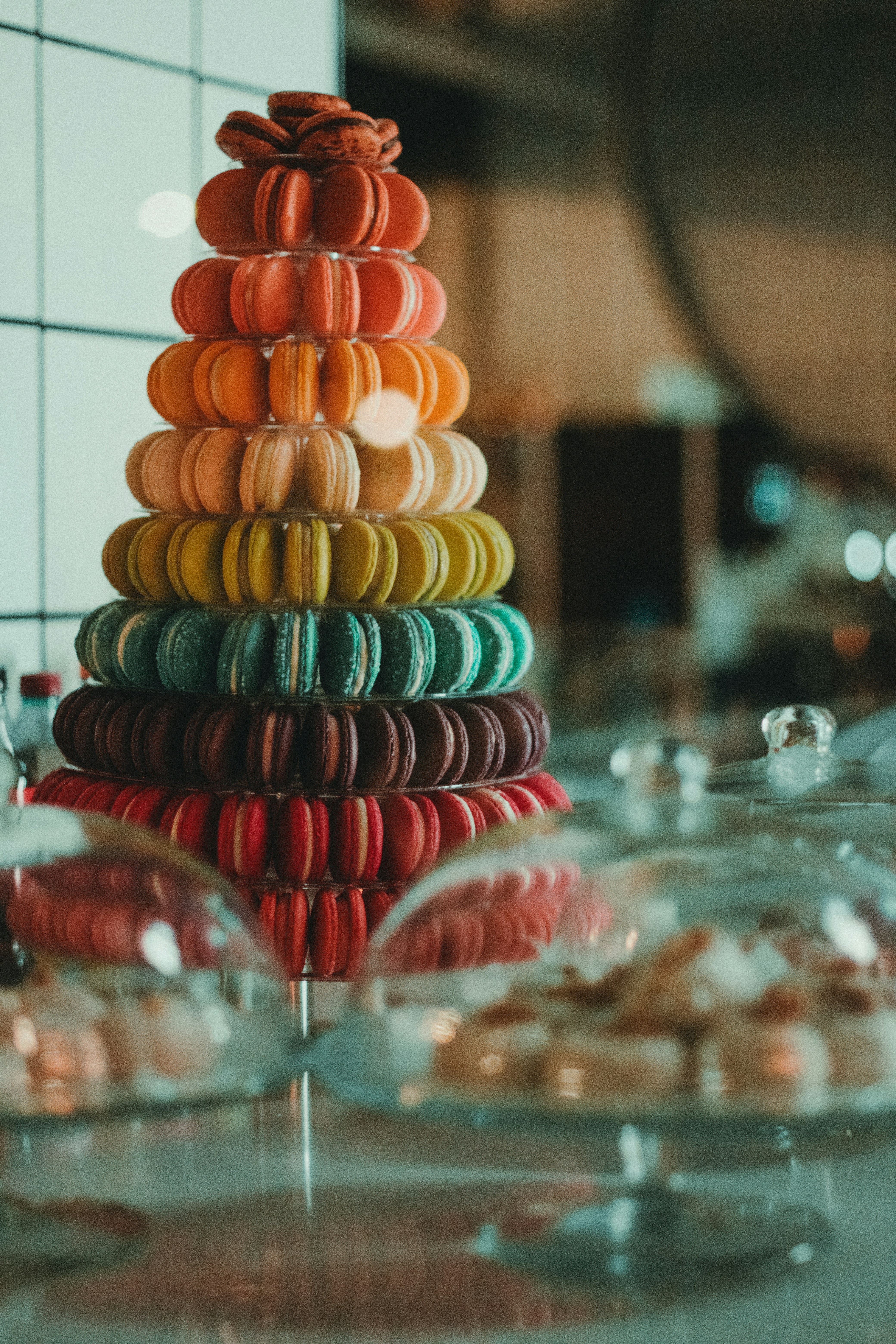 a stack of macaroons sitting on top of a table