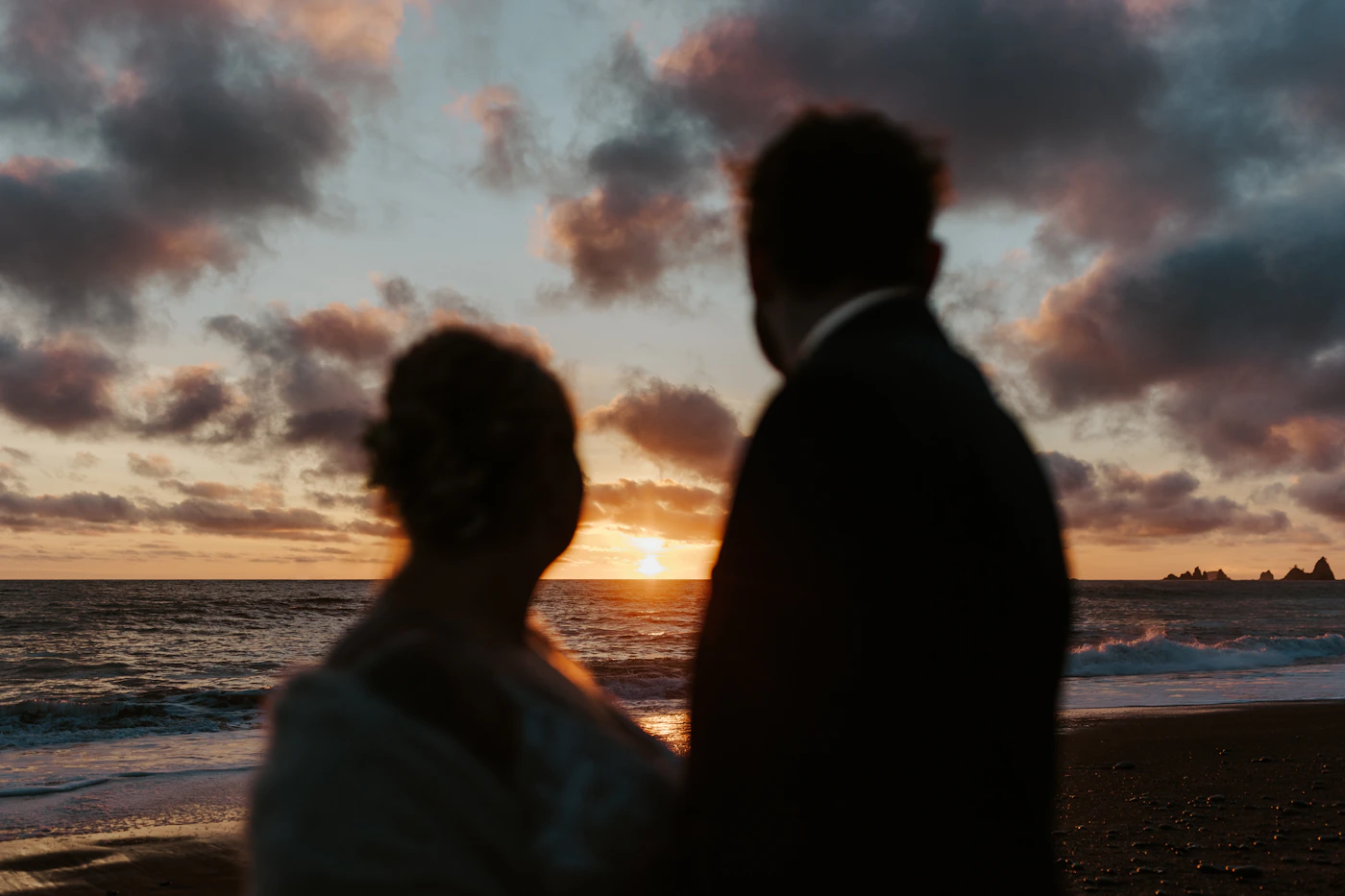 Couple during their elopement on Isabela Island in the Galápagos with the dramatic volcanic lagoon and the flamingos feeding in the background