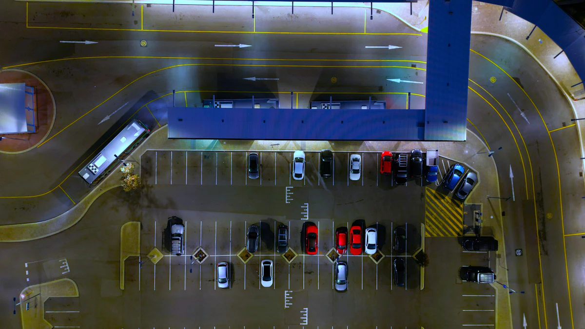 Aerial view of a marked parking lot, most bays empty and a few occupied