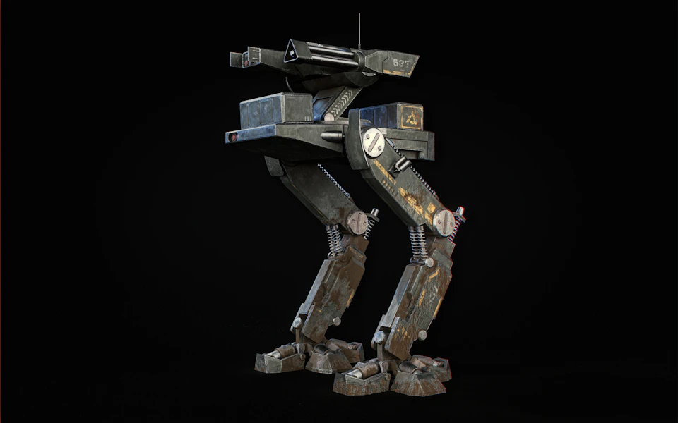 The image presents a 3D rendering of a robot with a gray body and brown legs, standing on four legs against a black background. The robot's head is slightly tilted to the left, giving it an imposing presence. It has two arms extending outwards from its sides, each equipped with a gun-like weapon at their ends. The robot also features a large antenna on top of its head and a smaller one on its side.