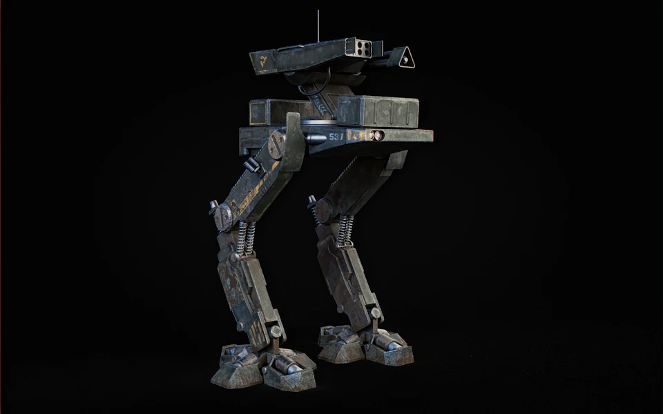 The image presents a 3D rendering of a robot with gray and black metallic legs, standing on four sturdy brown feet that are firmly planted on the ground. The robot's body is composed of multiple sections, including a head at the top and two arms extending outwards from its sides. Atop this structure, there's a square-shaped panel featuring a triangular roof.