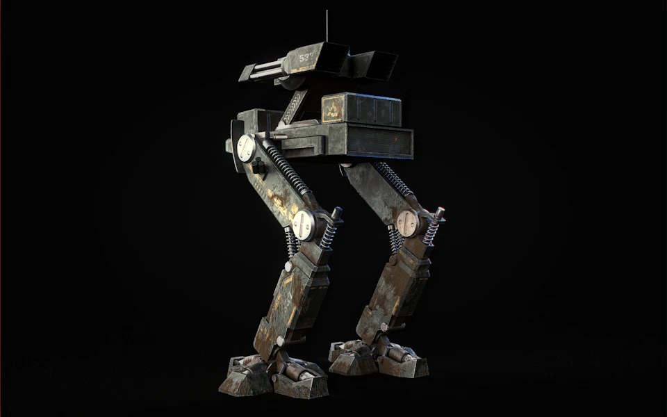 The image presents a 3D rendering of a robot with two legs and a head, standing on all fours against a black background. The robot's body is predominantly gray, but its legs are painted white, giving it a futuristic appearance. The robot has a gun mounted on top of its head, suggesting that it might be designed for combat or defense purposes.