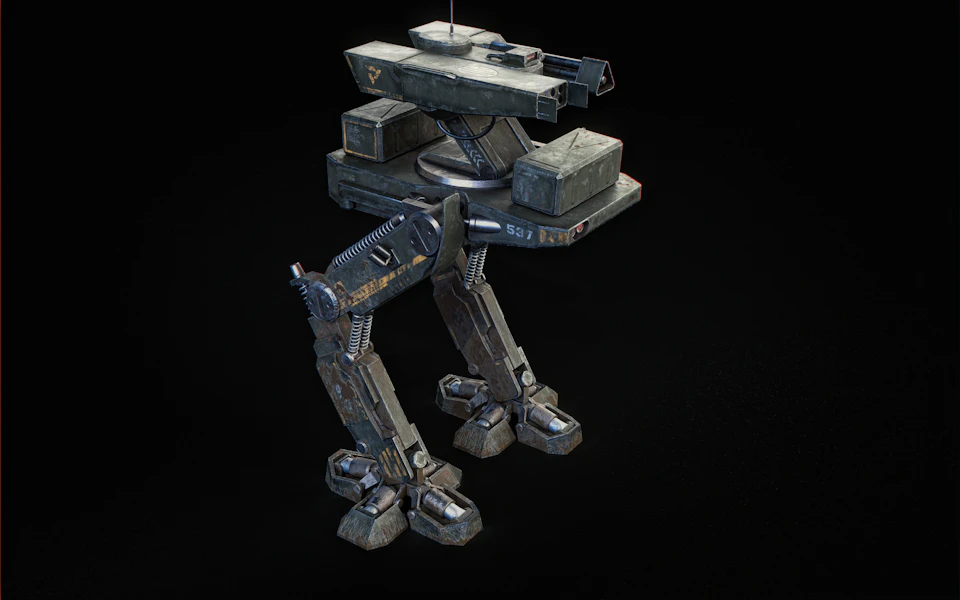 The image presents a 3D rendering of a robot with two legs and a head, standing on all fours against a black background. The robot's body is predominantly gray, but its legs are painted white, providing a stark contrast to the monochrome setting. The robot's head features a large antenna extending from it, suggesting that it might be equipped for communication or navigation purposes.