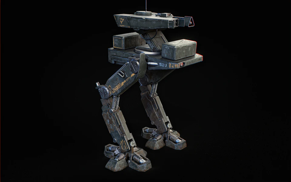 The image presents a 3D rendering of a robot with a gray body and black legs, standing on four legs against a stark black background. The robot's head is tilted to the left, giving it an imposing presence. On top of its head sits a small square box, adding a touch of human-like detail to the mechanical creature.