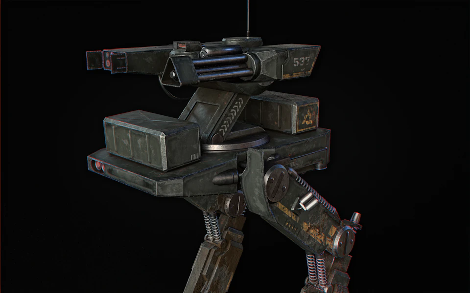 The image presents a 3D rendering of a military robot, standing on four legs and equipped with various weapons. The robot is predominantly black in color, with accents of gray and silver visible on its body and head. It has two large guns mounted on top of it, one on each side, as well as smaller guns positioned at the front and rear. The robot also features a radio antenna attached to its back.