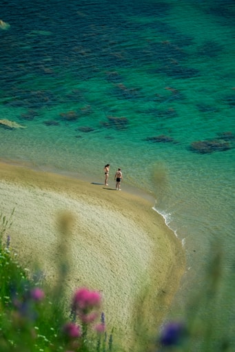 A couple of people standing on top of a sandy beach