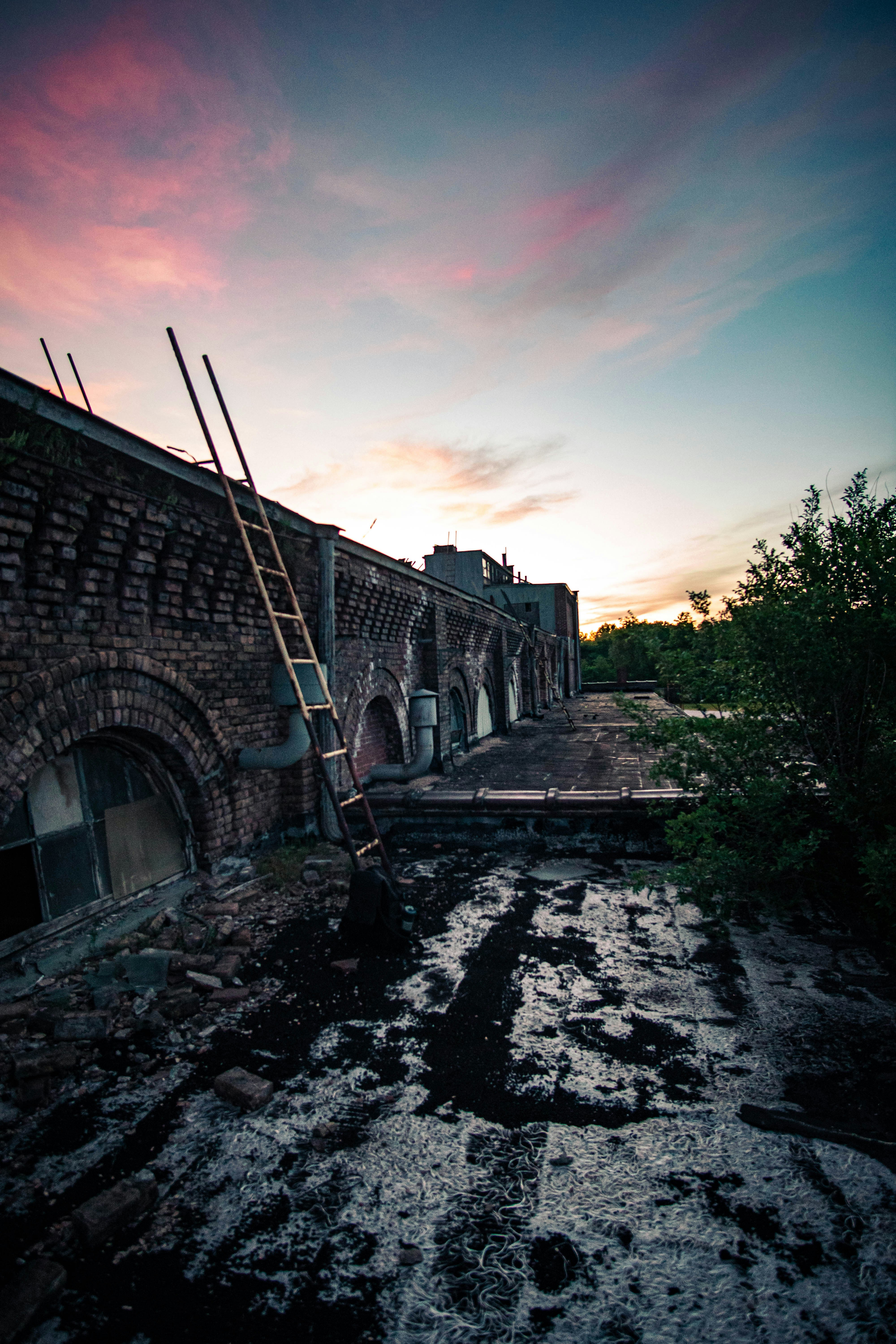 A brick building with a ladder leaning against it