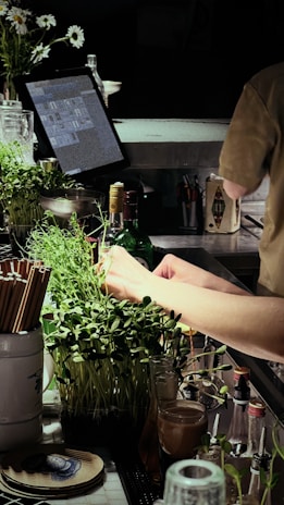 A person in a kitchen with a bunch of plants