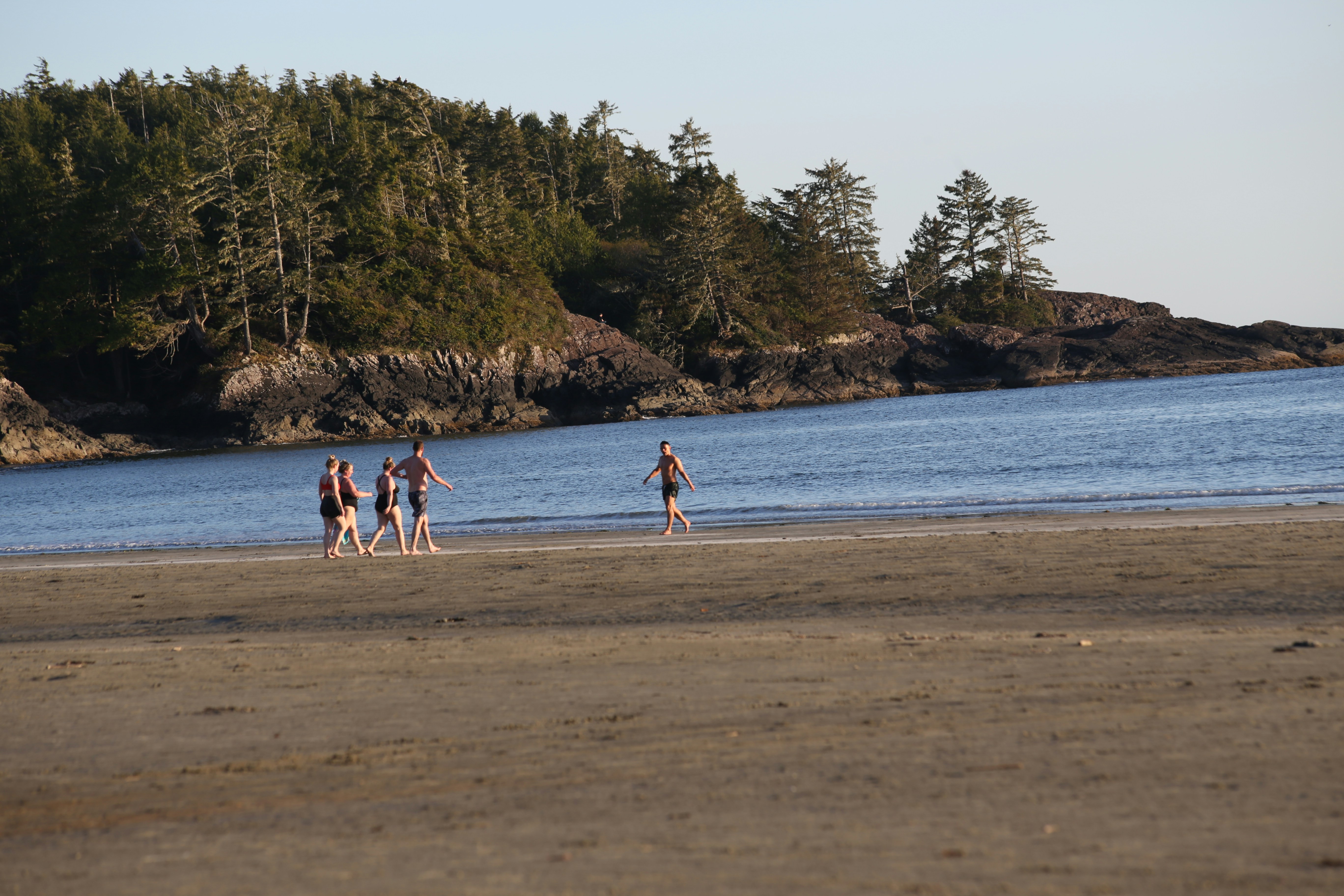 a group of people walking along a beach next to the ocean